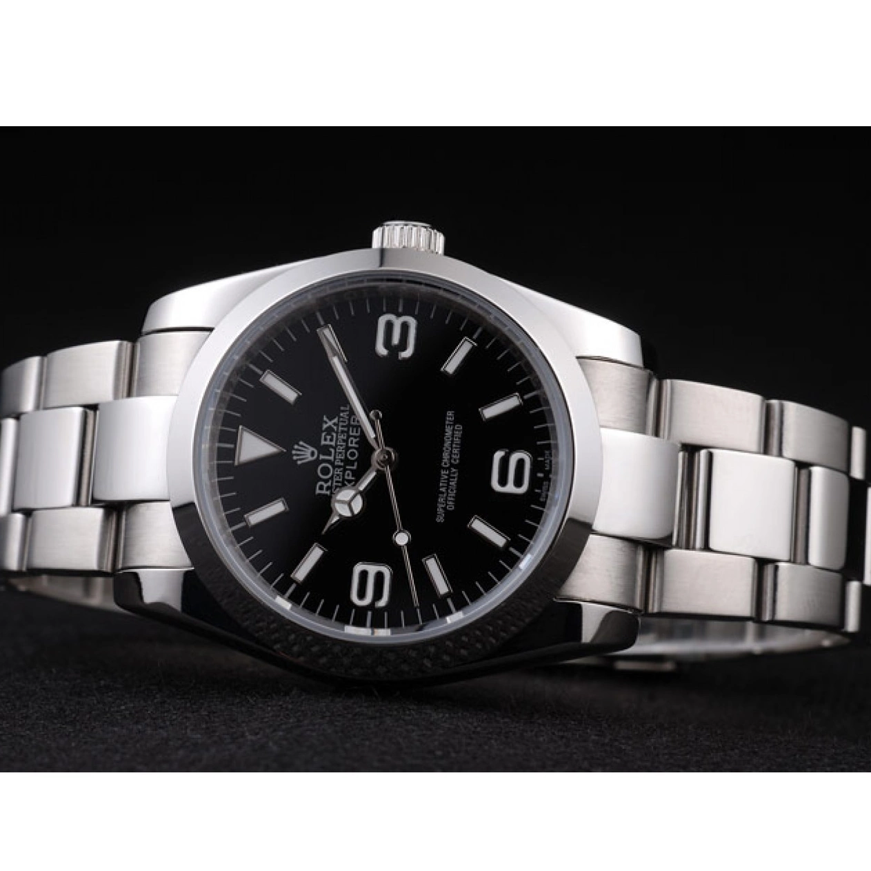 AAA replica watch Stainless Dial Black Steel 98087 Polished Rolex Explorer 0821